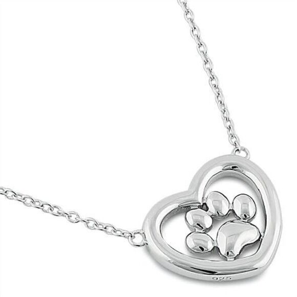 Sterling Silver Heart Paw Necklace New - Picture 1 of 4